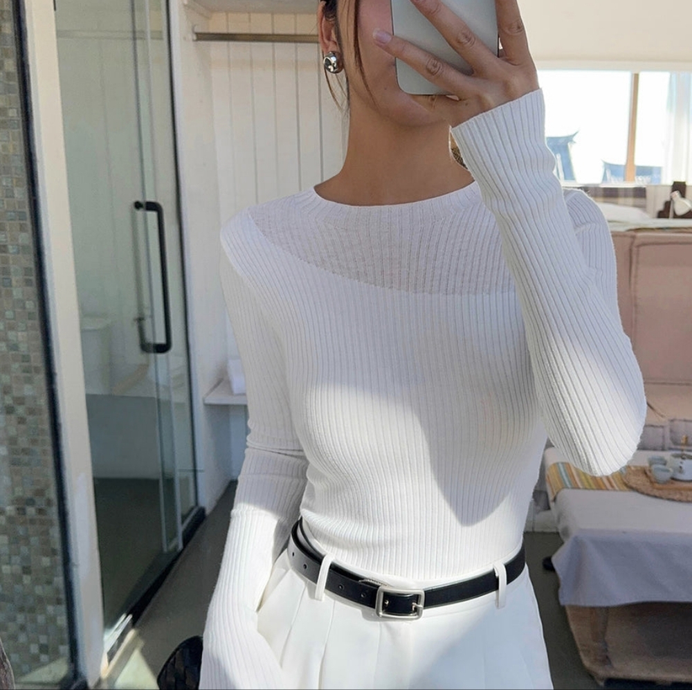Commense Knit Ribbed Crew Neck Asymmetric Top - White - Small - Picture 2 of 12